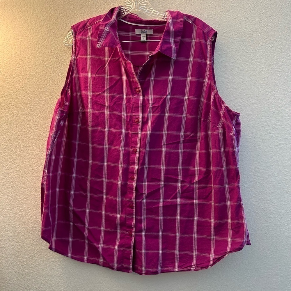 Crofton & borrow 2X pink window pane sleeveless button-down blouse